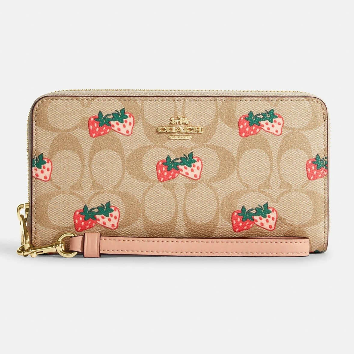 Ví dài Coach trái dâu Long Zip Around Wallet In Light Khaki Multi Signature  Canvas With Strawberry Print CB593