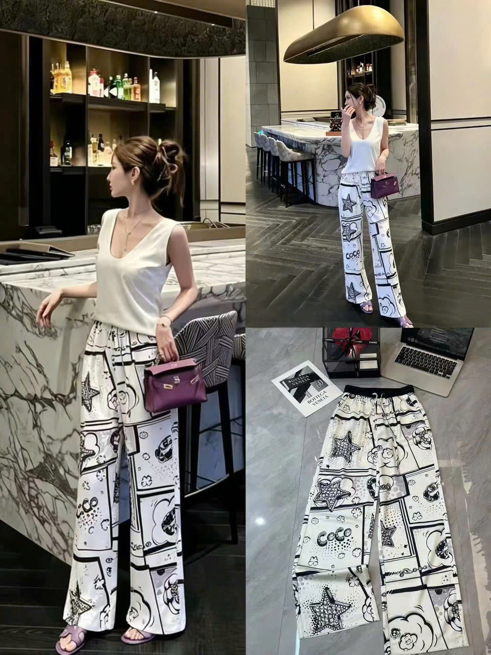 Quần dài nữ suông lưng thun trắng phối đen Chanel 1