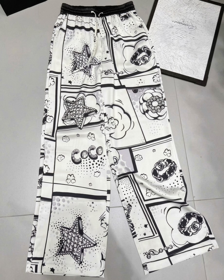 Quần dài nữ suông lưng thun trắng phối đen Chanel 2