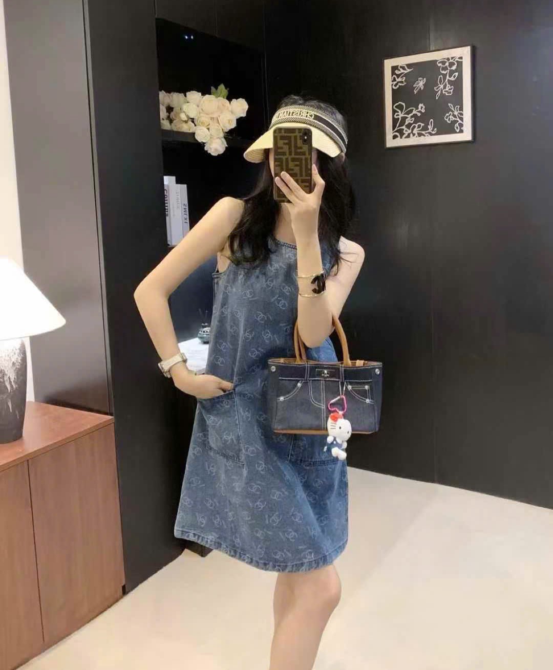 Đầm jean thời trang chanel sát nách xanh dương có túi 9