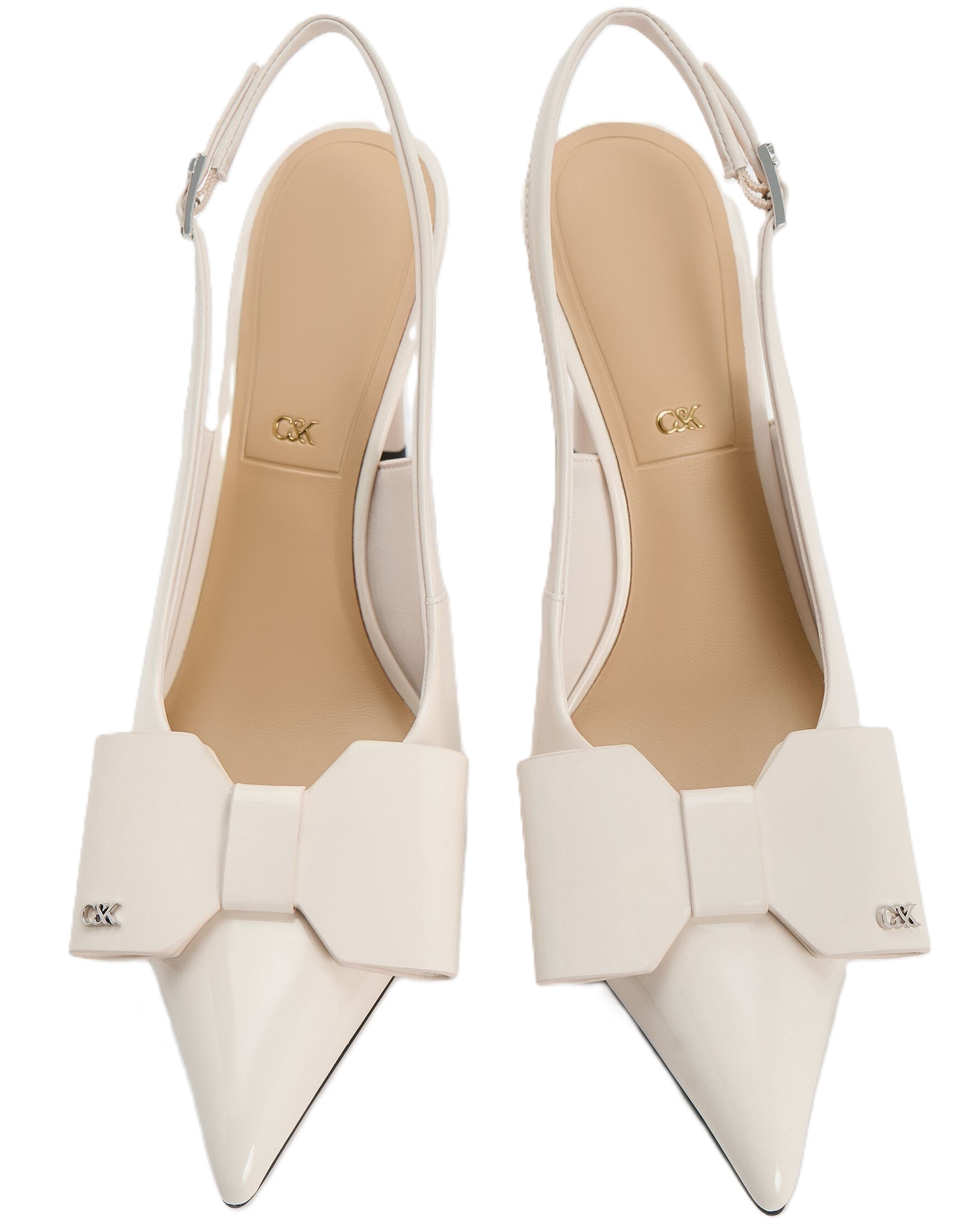 Giày nữ CNK Charles Keith Sandals cao gót Lu Patent Leather Bow Blade-Heel Slingback Pumps Chalk 2