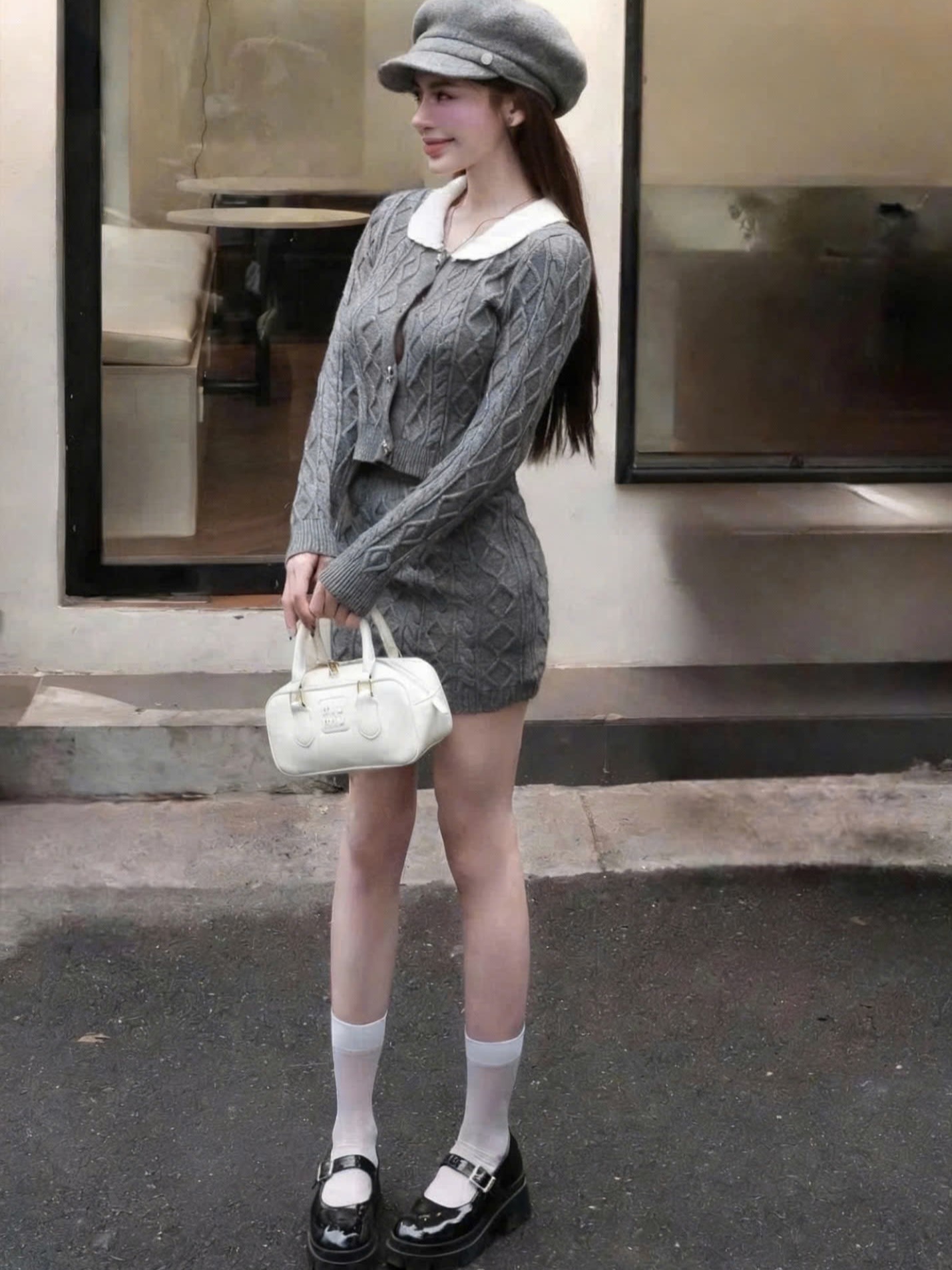 Combo áo cổ trắng váy ngắn xám Chanel 4