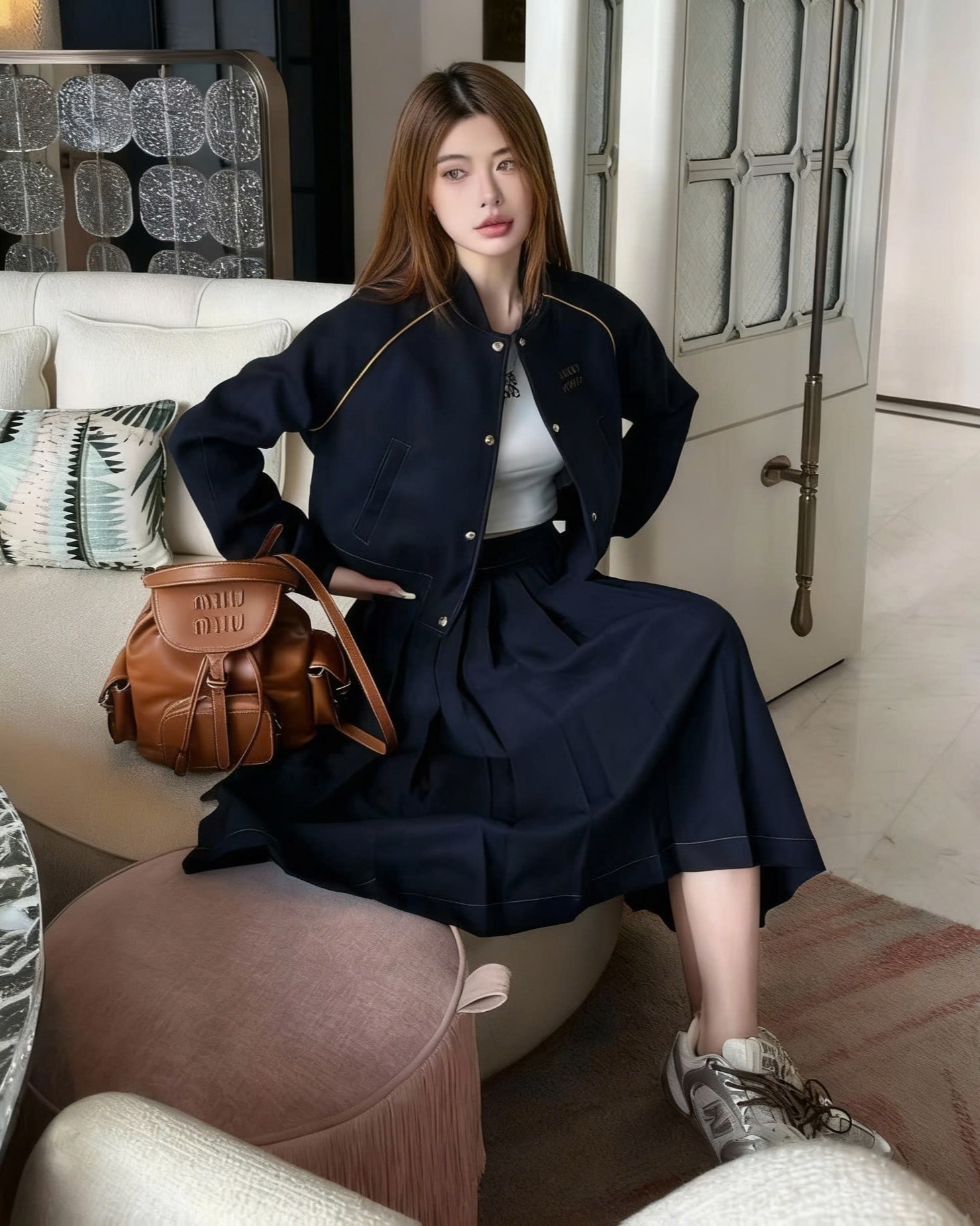 Combo áo khoác váy dài xanh dương đậm Miu Miu 4