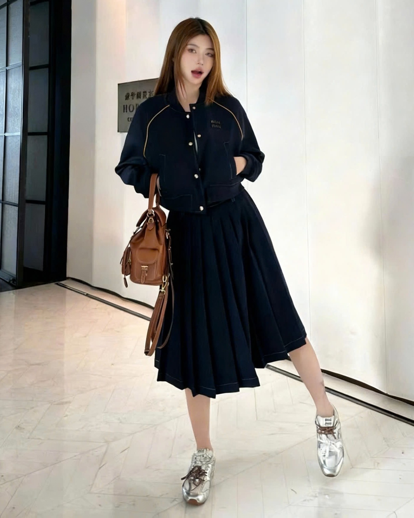 Combo áo khoác váy dài xanh dương đậm Miu Miu 5