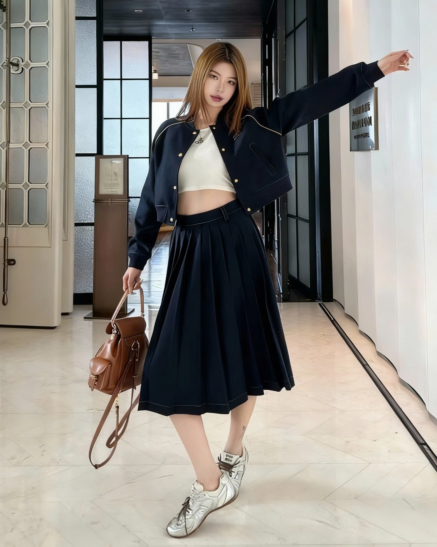 Combo áo khoác váy dài xanh dương đậm Miu Miu 6