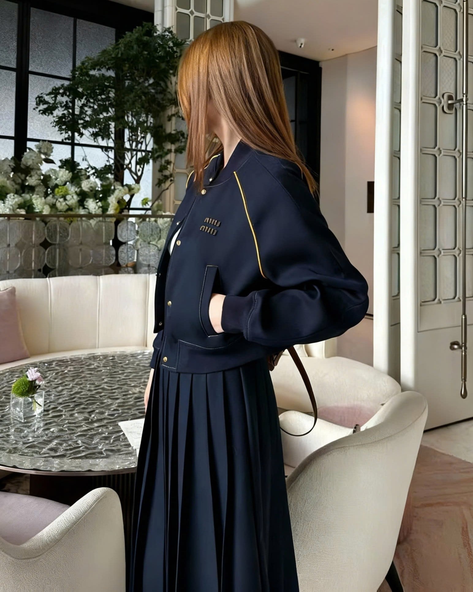 Combo áo khoác váy dài xanh dương đậm Miu Miu 9