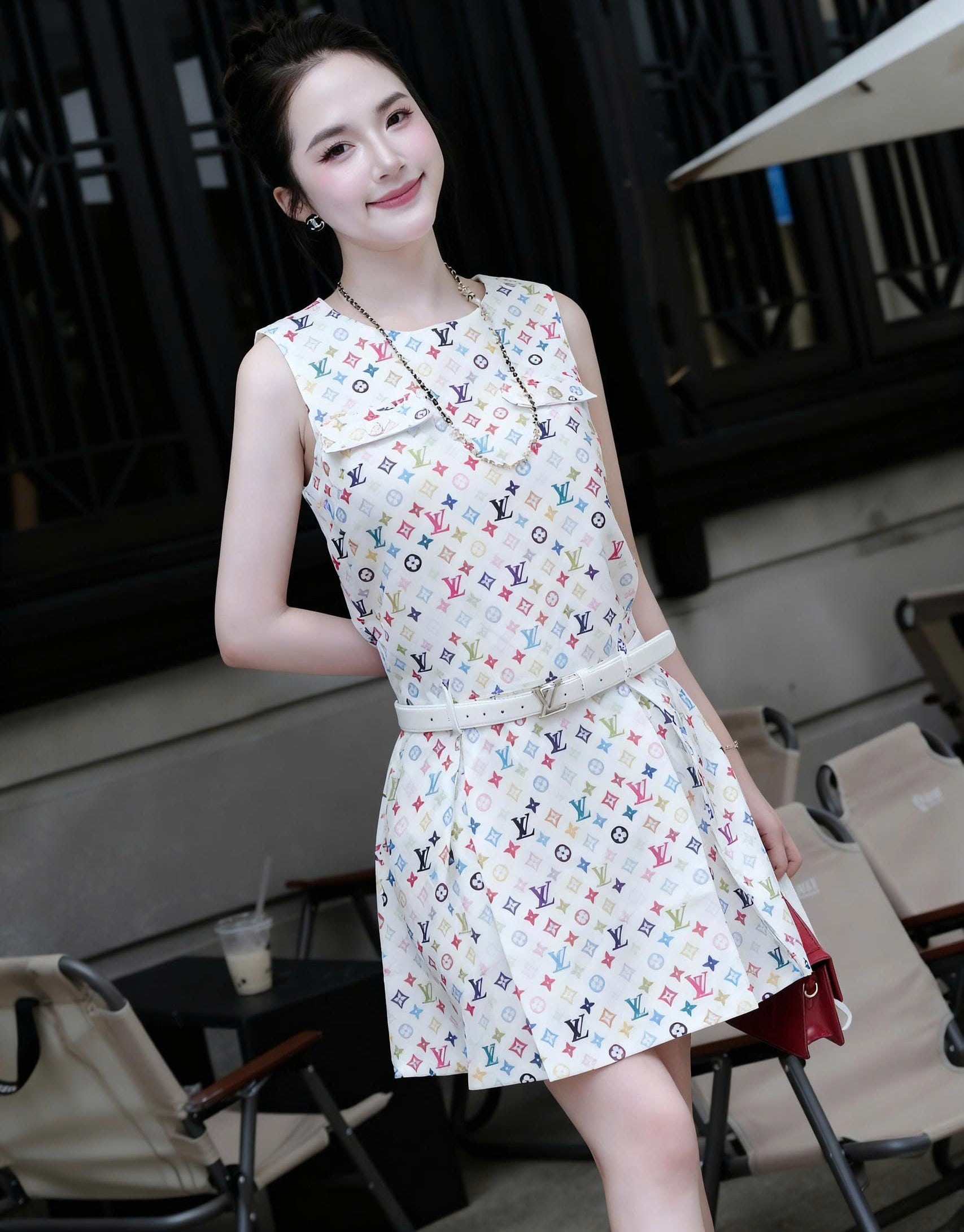 Áo đầm nữ cổ tròn sát nách họa tiết hãng LV 3