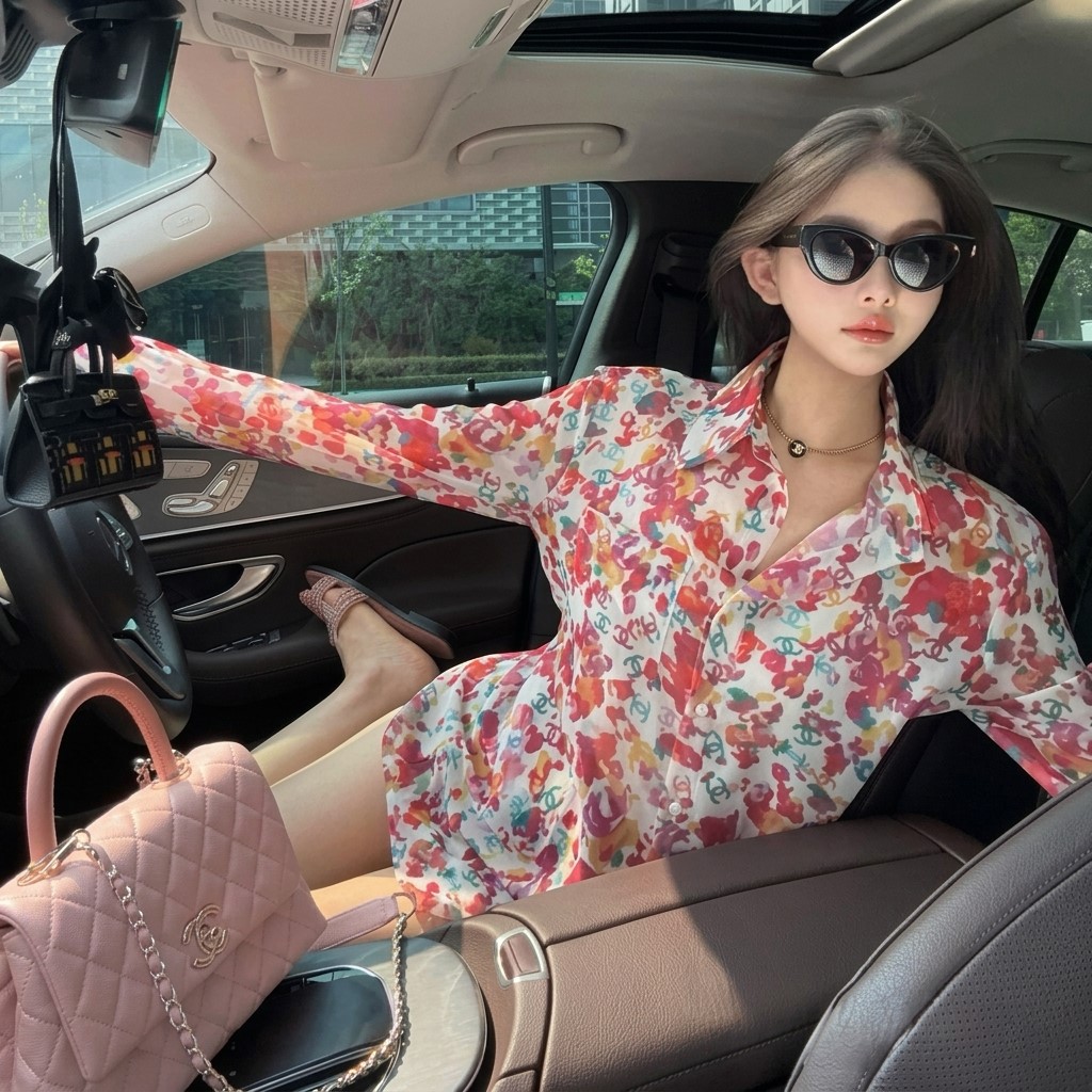 Áo sơ mi nữ tay dài họa tiết hoa đỏ Chanel 6