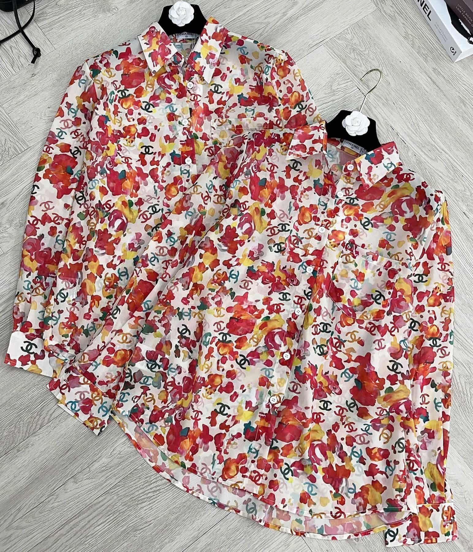 Áo sơ mi nữ tay dài họa tiết hoa đỏ Chanel 4