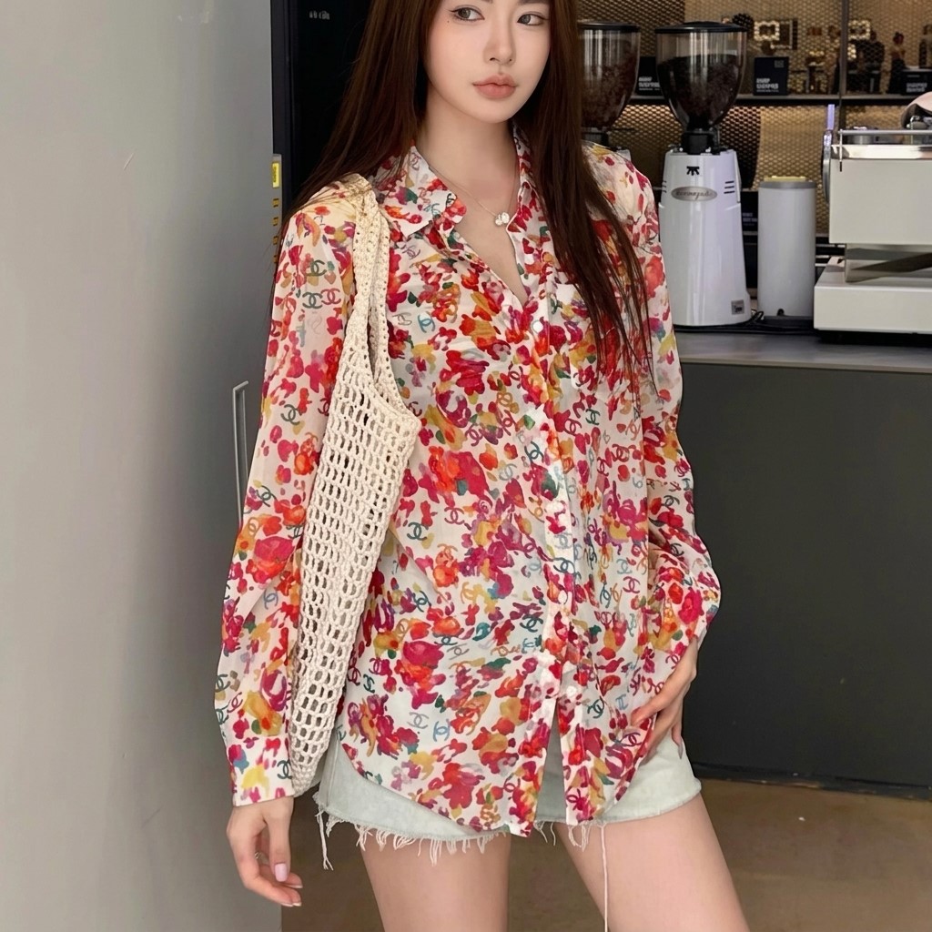 Áo sơ mi nữ tay dài họa tiết hoa đỏ Chanel 9