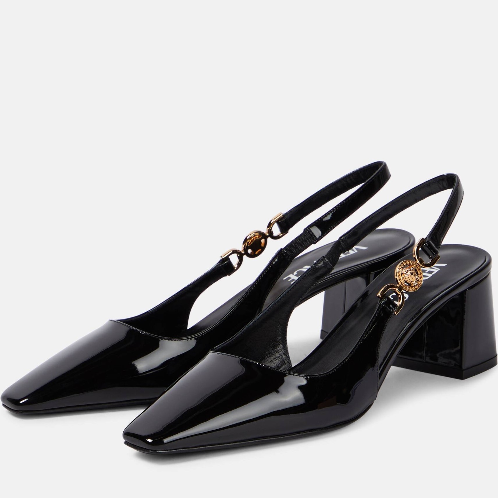 Giày sandal đen Versace Medusa 95 Embellished Patent-leather Slingback Pumps 55 mm 1