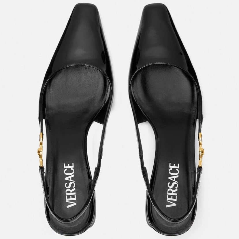 Giày sandal đen Versace Medusa 95 Embellished Patent-leather Slingback Pumps 55 mm 4