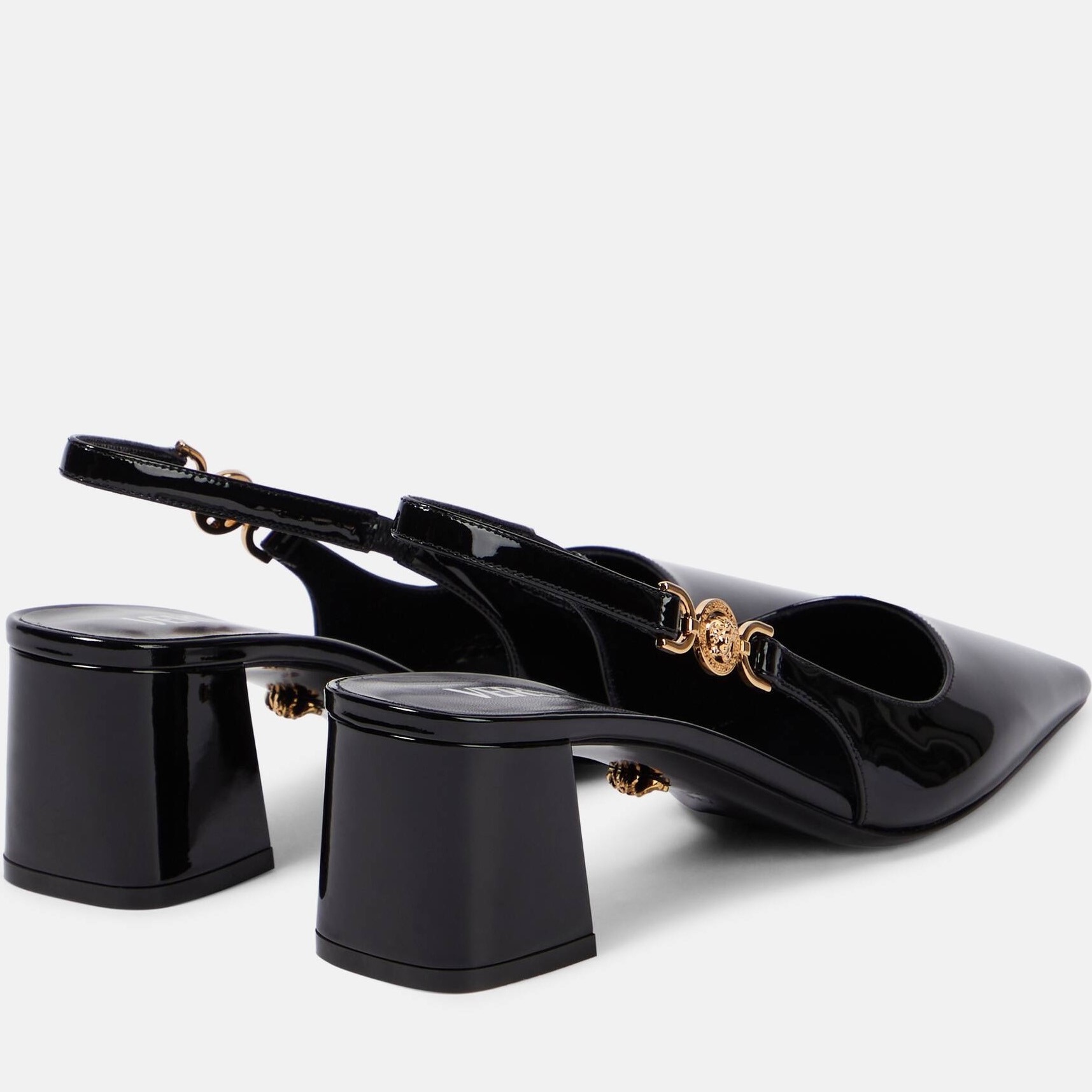 Giày sandal đen Versace Medusa 95 Embellished Patent-leather Slingback Pumps 55 mm 6