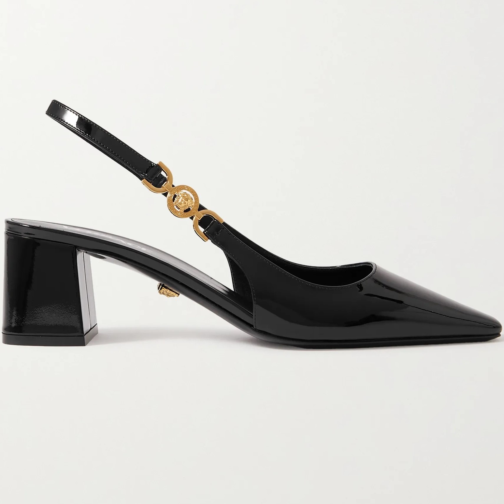 Giày sandal đen Versace Medusa 95 Embellished Patent-leather Slingback Pumps 55 mm 7
