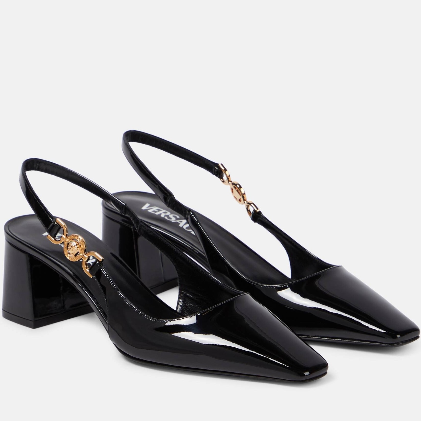 Giày sandal đen Versace Medusa 95 Embellished Patent-leather Slingback Pumps 55 mm 8