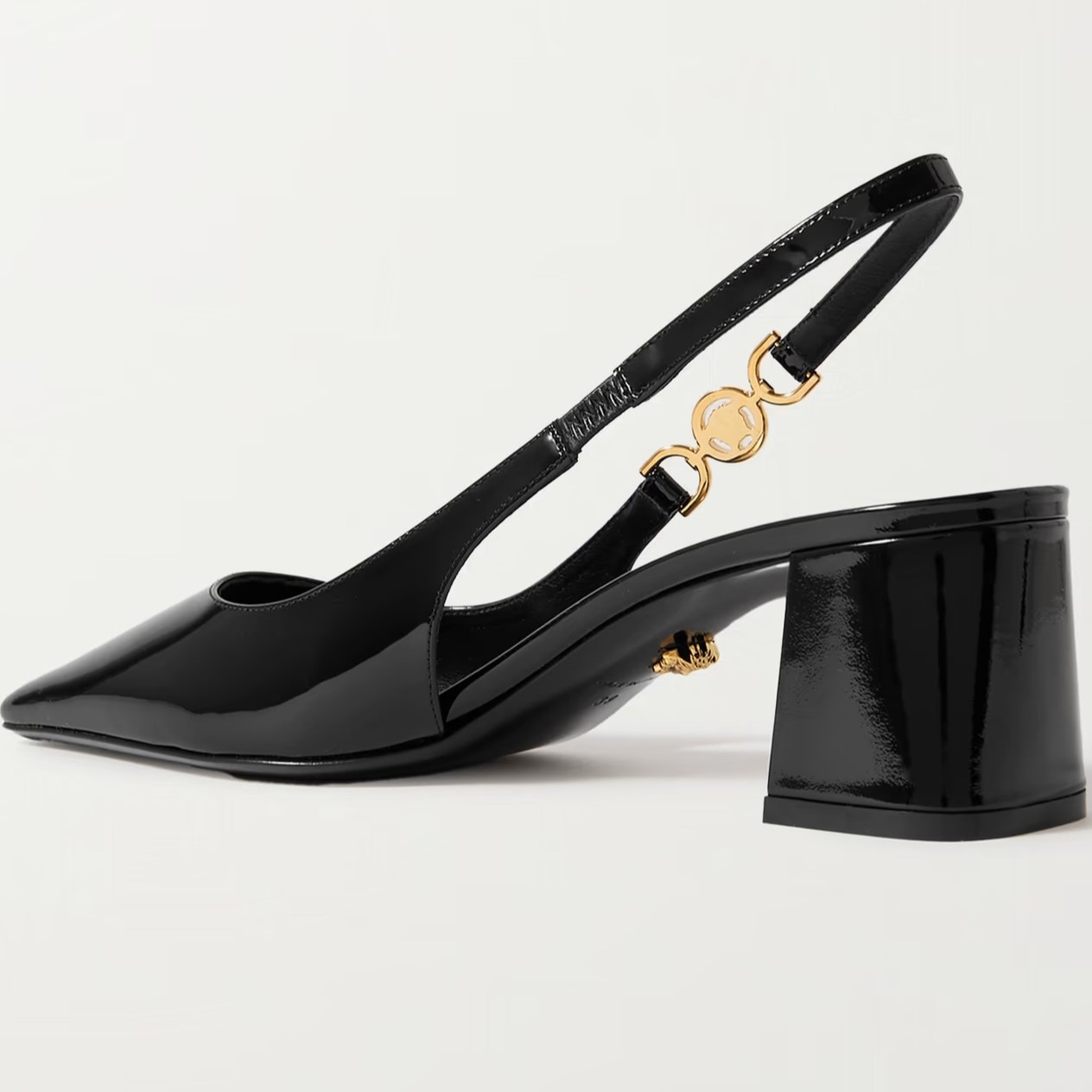 Giày sandal đen Versace Medusa 95 Embellished Patent-leather Slingback Pumps 55 mm 9
