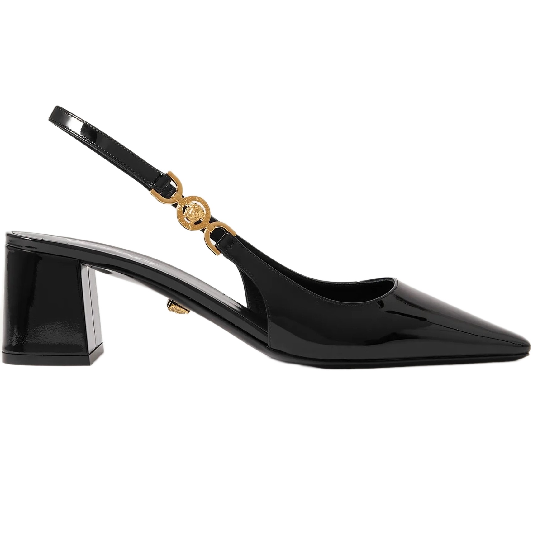 Giày sandal đen Versace Medusa 95 Embellished Patent-leather Slingback Pumps 55 mm 12