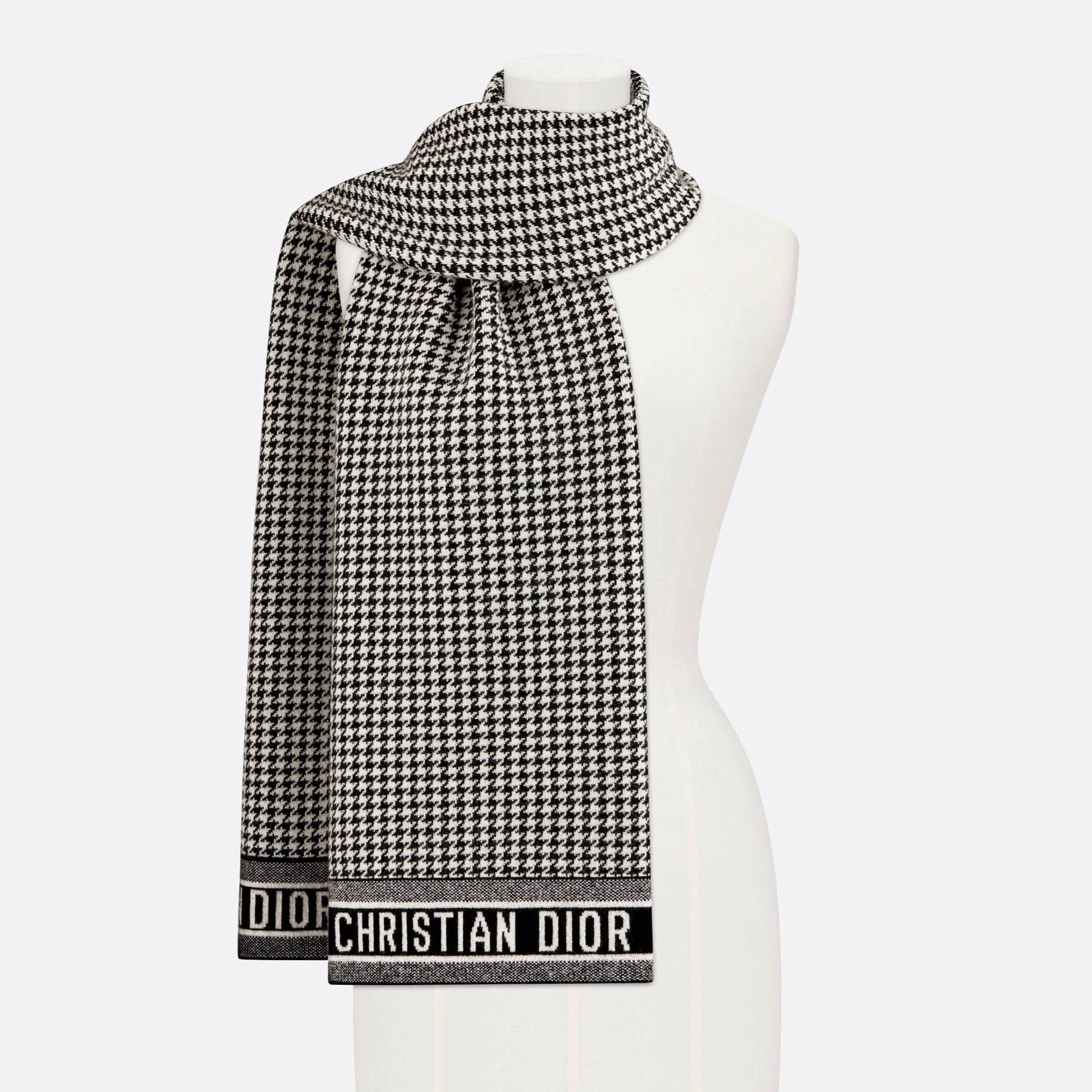 KHĂN CHOÀNG CỖ DIOR 30 MONTAIGNE SCARF BLACK AND WHITE BLENDED CASHMERE KNIT 2