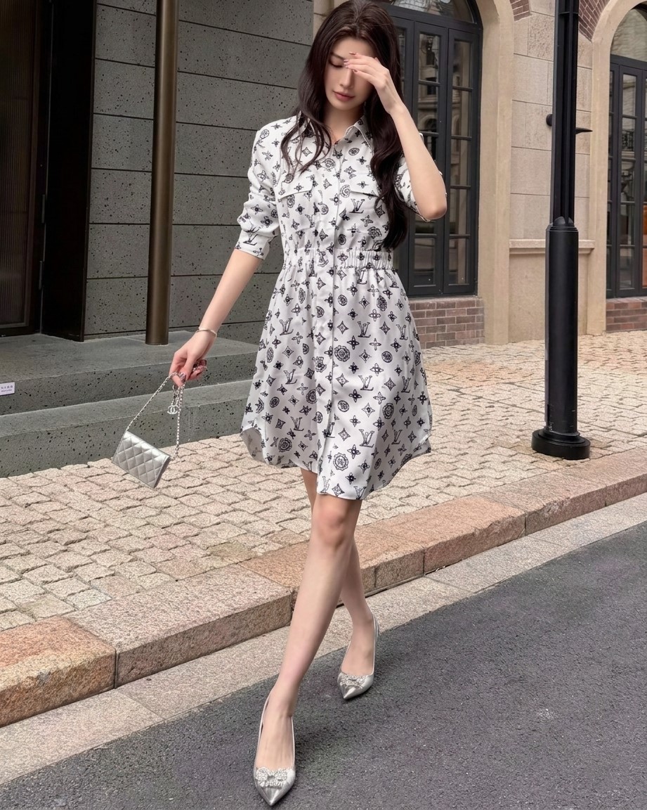 Đầm LV nữ tay dài cổ sơ mi bo eo xanh dương và trắng 5