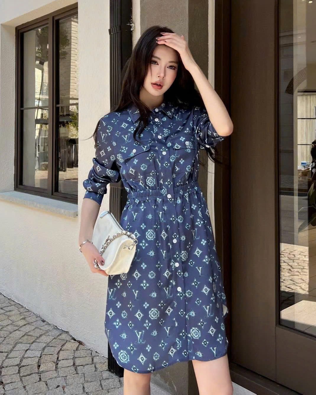 Đầm LV nữ tay dài cổ sơ mi bo eo xanh dương và trắng 7