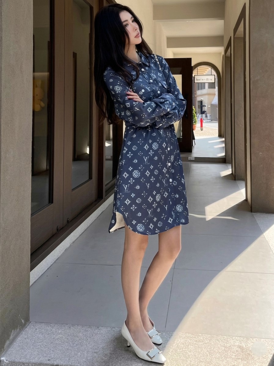 Đầm LV nữ tay dài cổ sơ mi bo eo xanh dương và trắng 9
