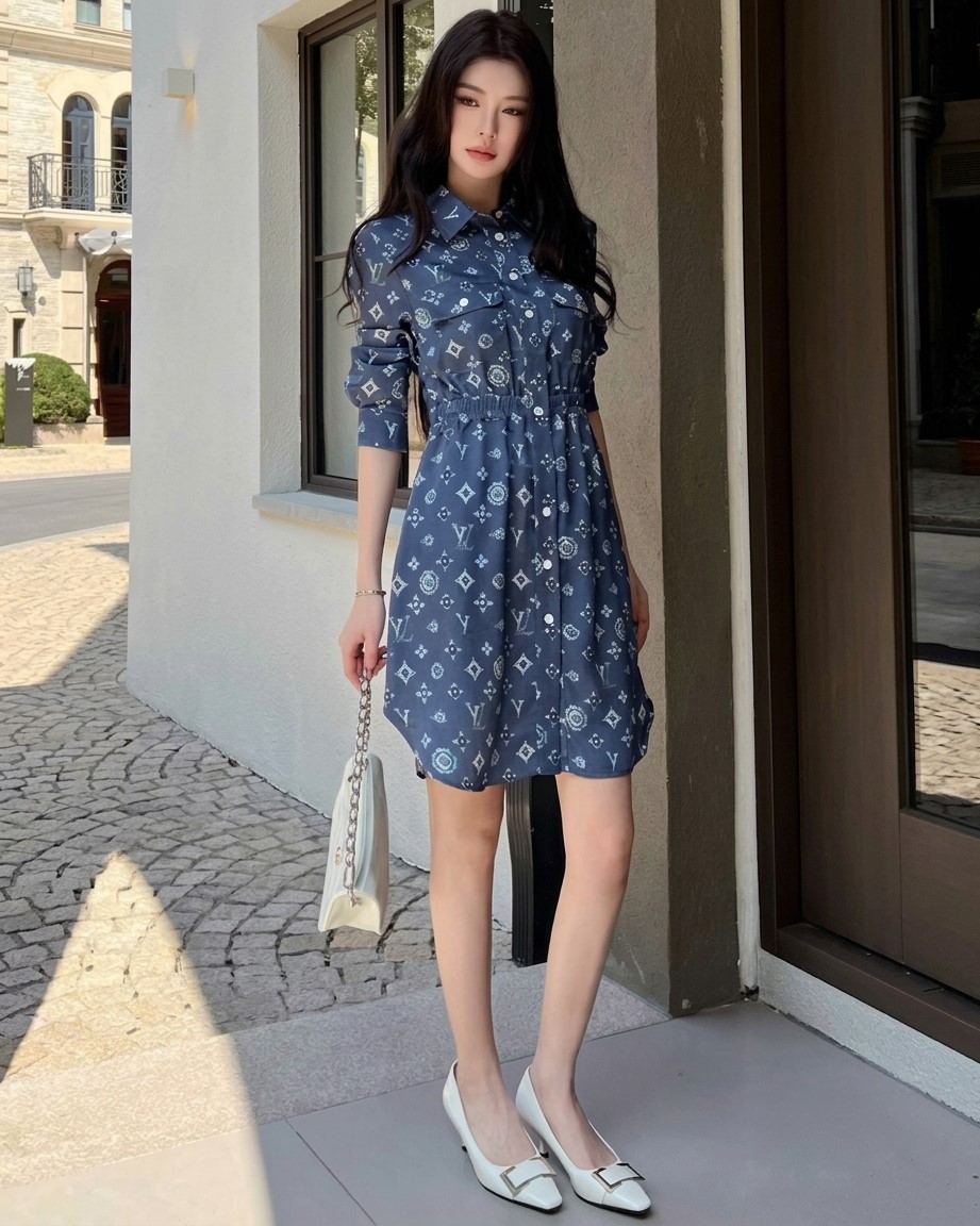 Đầm LV nữ tay dài cổ sơ mi bo eo xanh dương và trắng 16