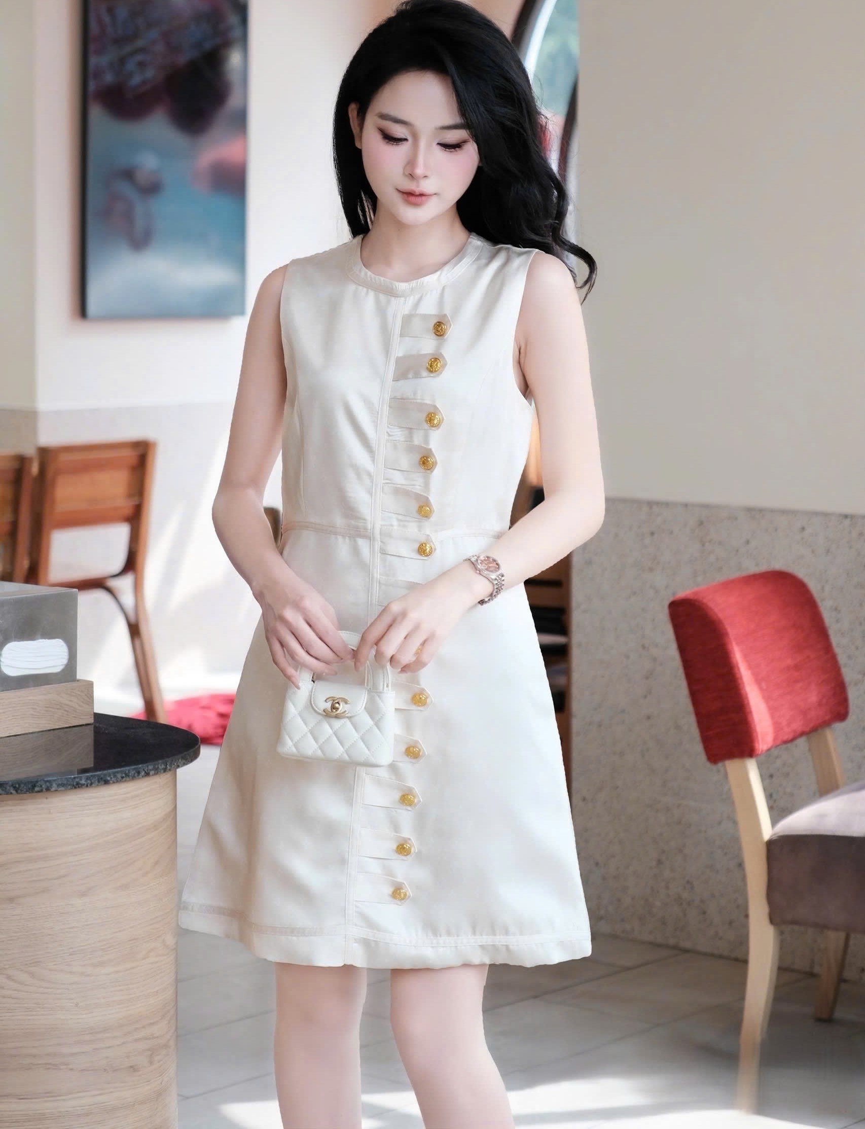 Áo đầm sát nách cổ tròn đính nút vàng LV 3