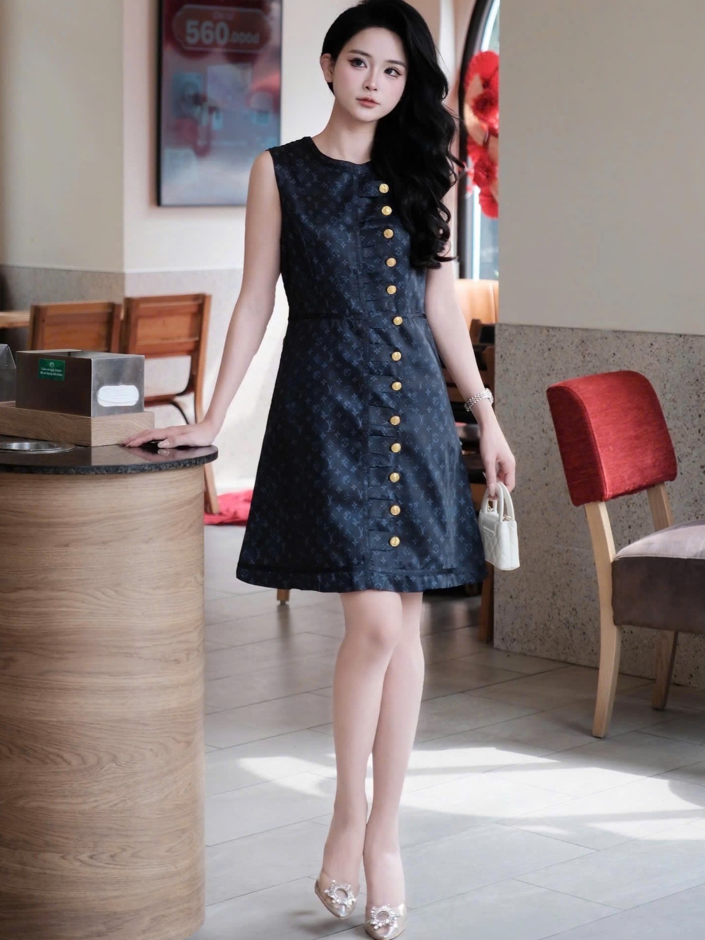 Áo đầm sát nách cổ tròn đính nút vàng LV 4