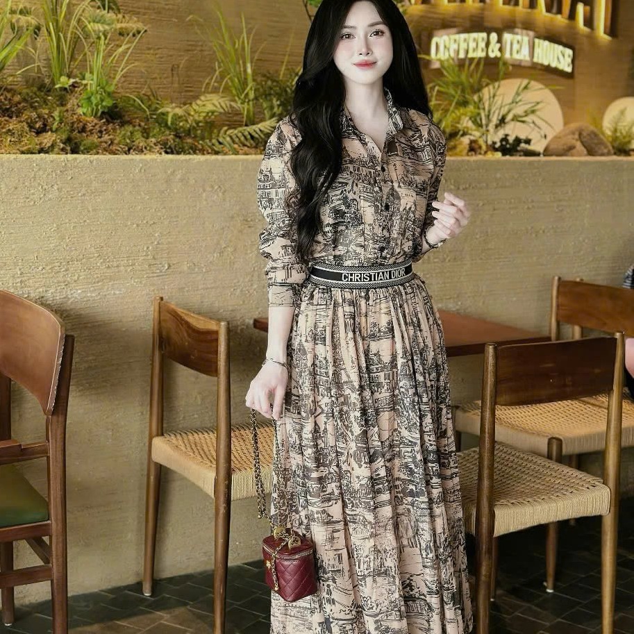 Combo áo sơ mi váy dáng dài lưng thun màu kem Dior 3