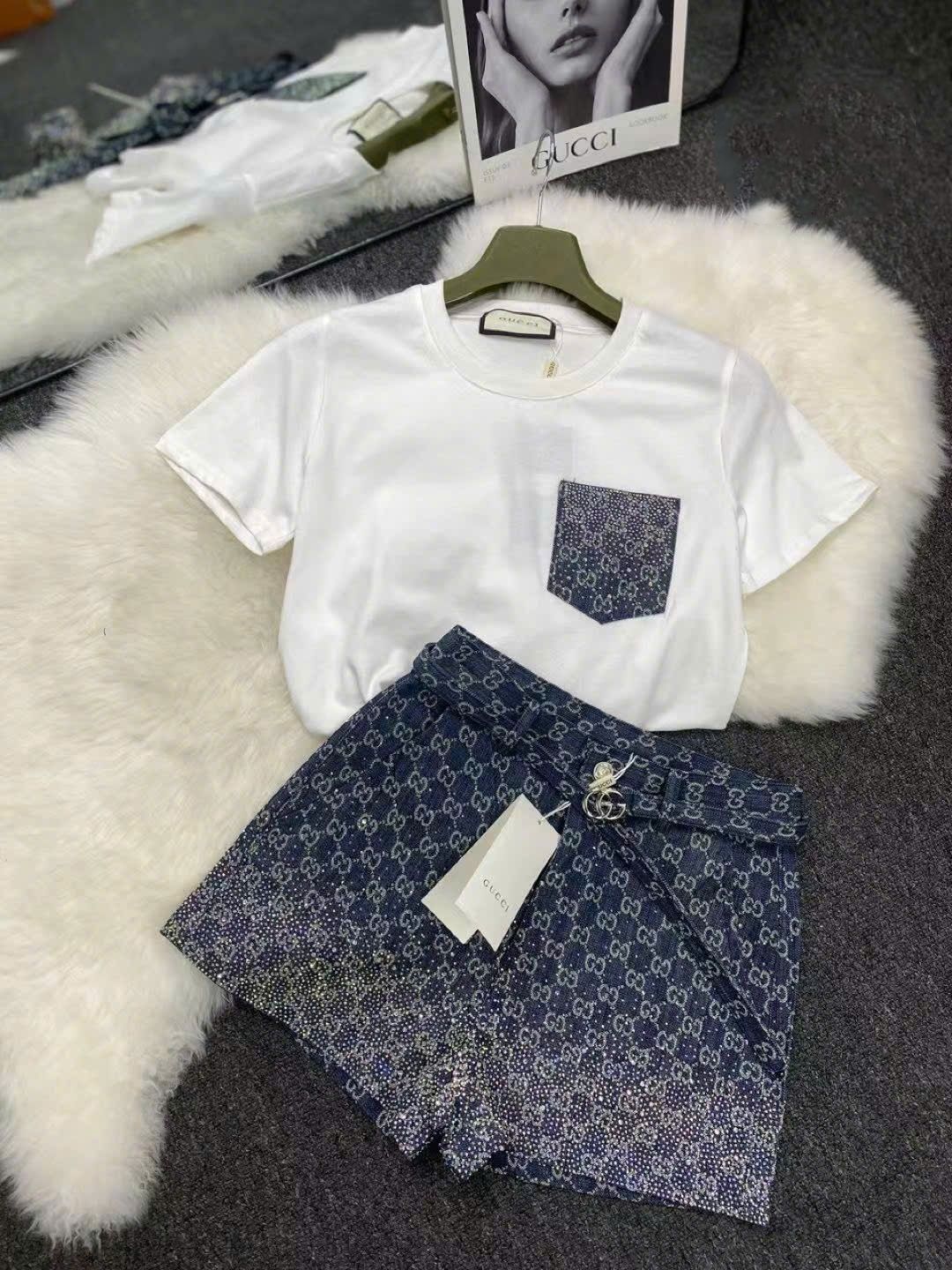 Combo bộ áo thun trắng quần short nữ lưng cao Gucci đính đá 5