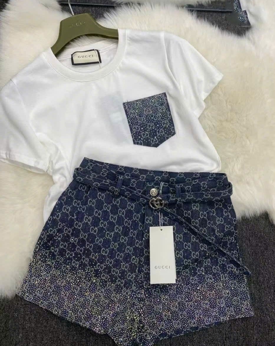 Combo bộ áo thun trắng quần short nữ lưng cao Gucci đính đá 7
