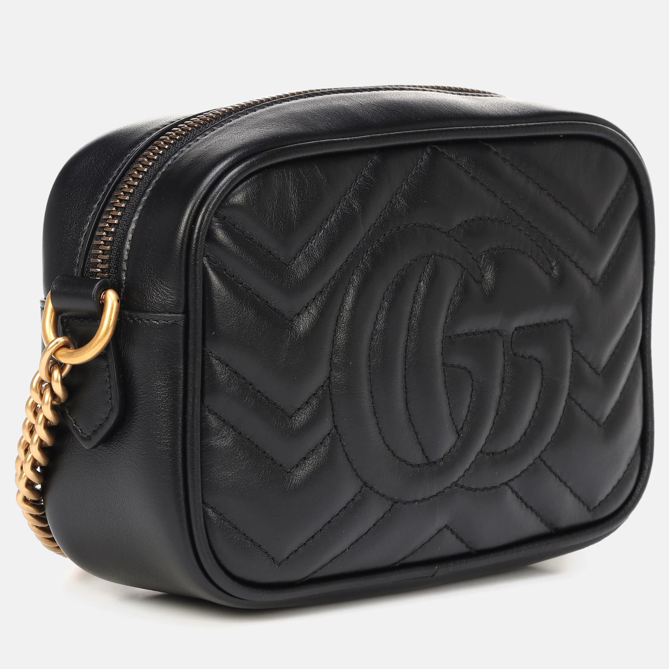 Túi đeo chéo Gucci Marmont Mini Shoulder Bag Black Matelassé Chevron Leather With GG On The Back 4
