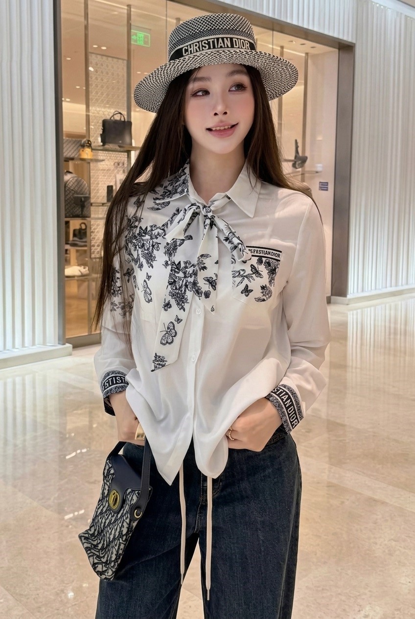 Áo sơ mi trắng tay dài họa tiết hãng cột nơ Dior 8