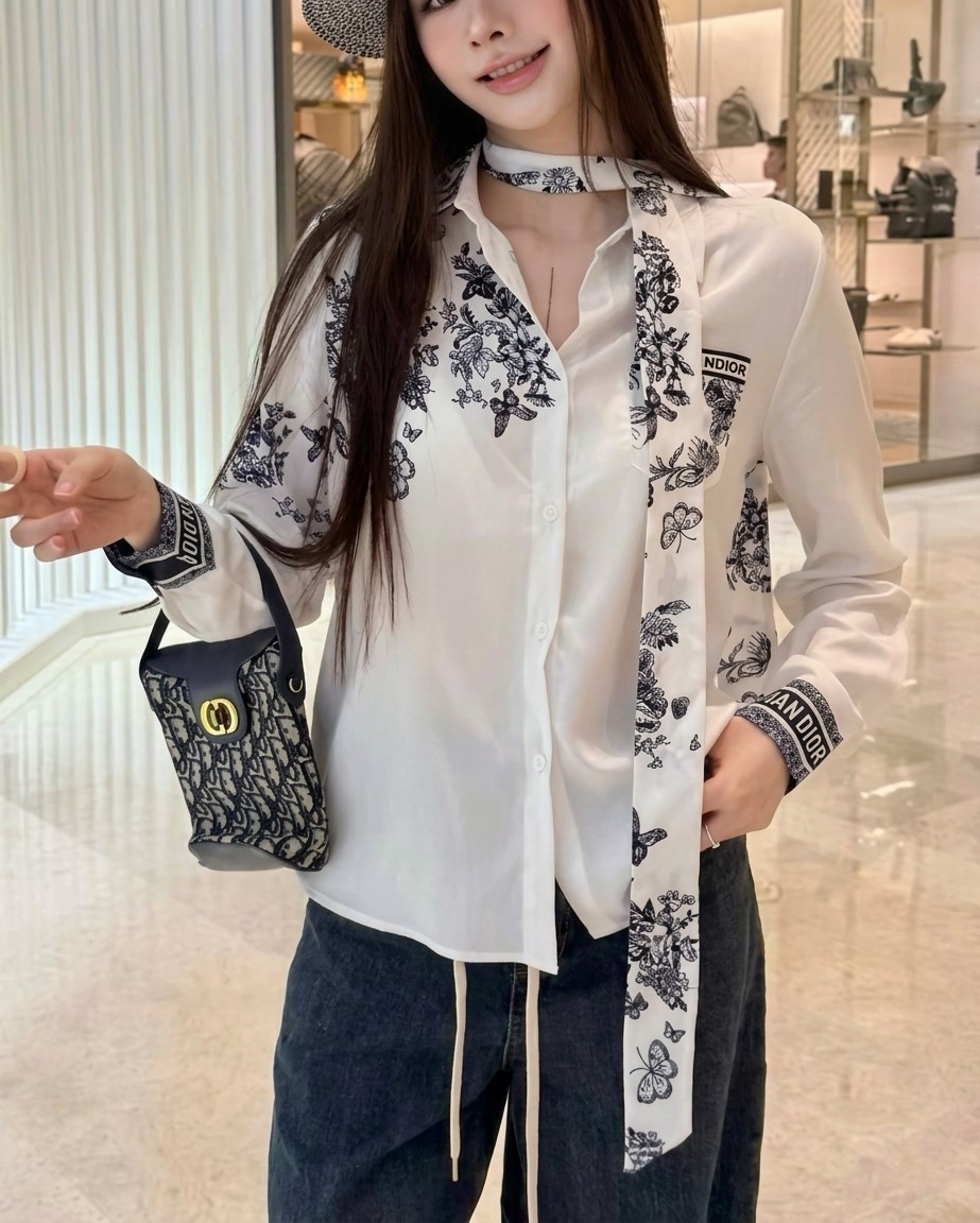 Áo sơ mi trắng tay dài họa tiết hãng cột nơ Dior 13