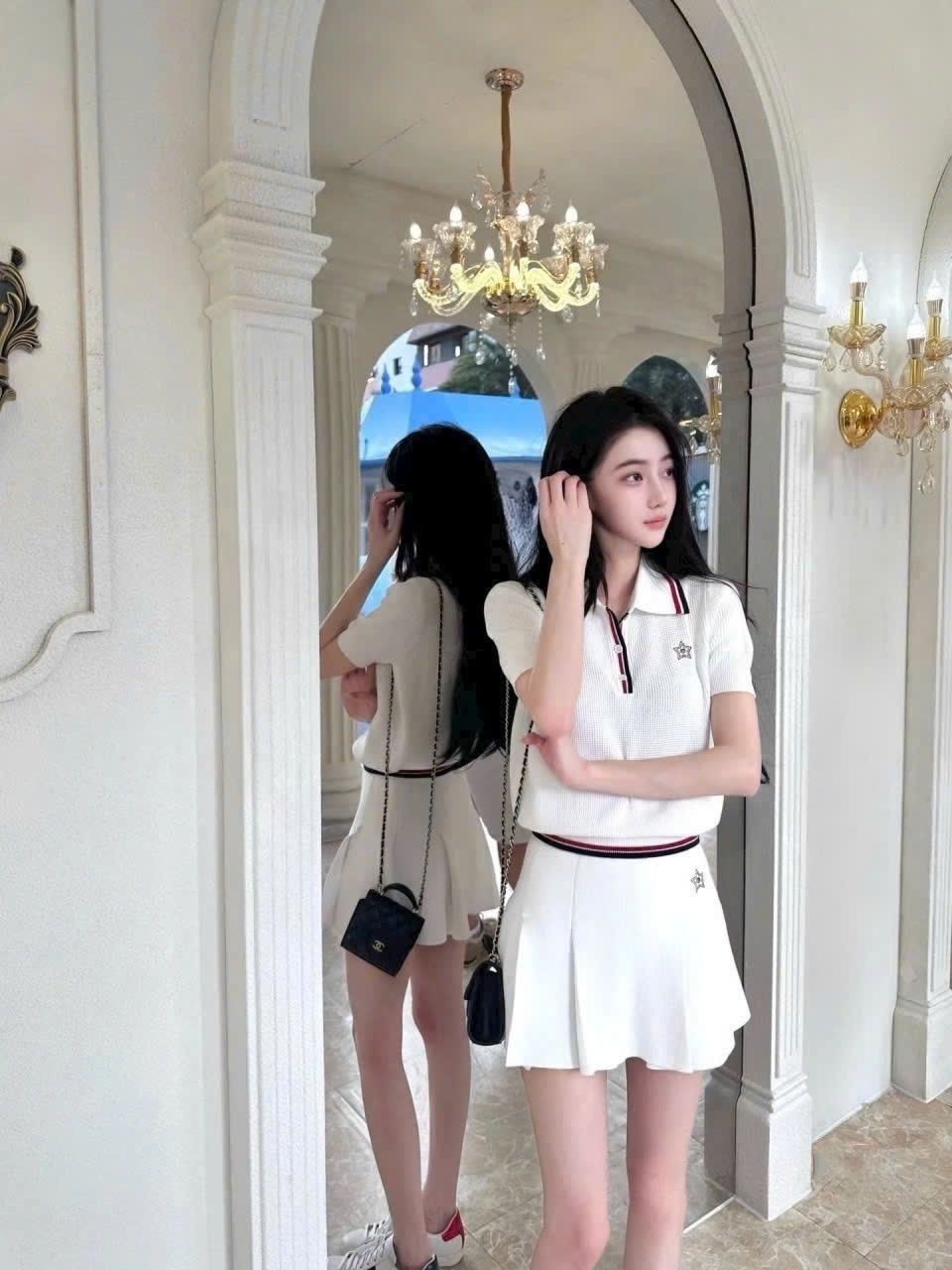 Combo áo thun váy xếp ly xòe màu trắng Dior 4