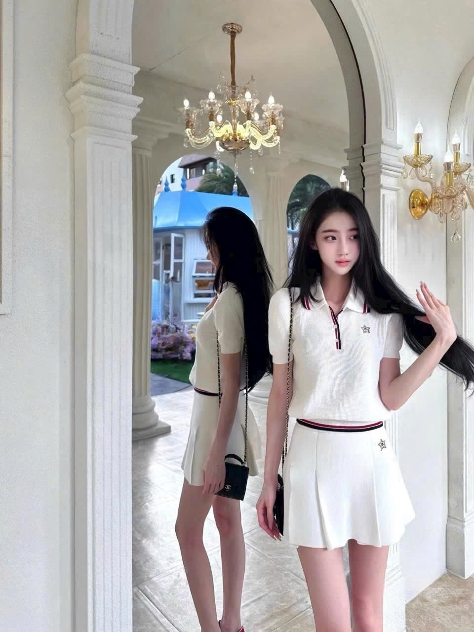 Combo áo thun váy xếp ly xòe màu trắng Dior 1