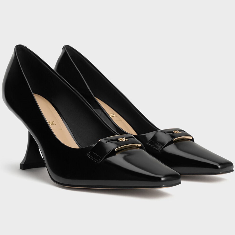 Giày nữ đen Charles and Keith Leather Sculptural-Heel Square-Toe Pumps Black Box SL1-61720052 8