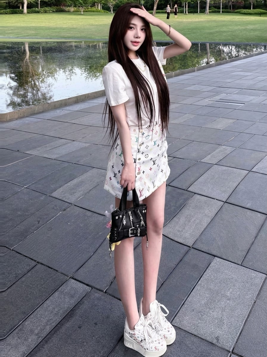 Combo áo thun trắng phối túi váy ngắn họa tiết hãng LV 6