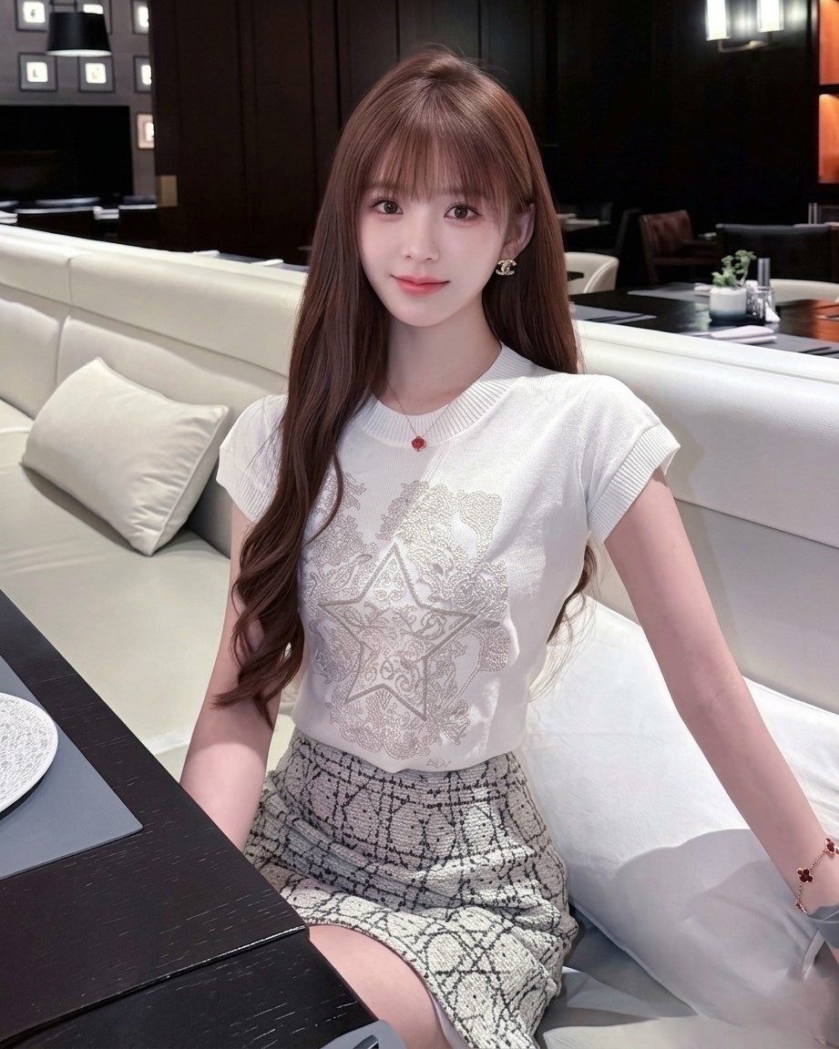 Combo áo thun trắng họa tiết váy ngắn ôm kem sọc Dior 2