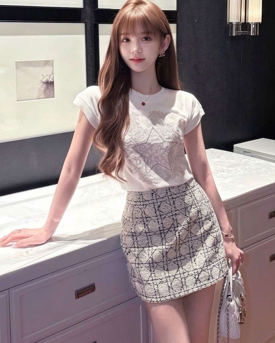 Combo áo thun trắng họa tiết váy ngắn ôm kem sọc Dior 3