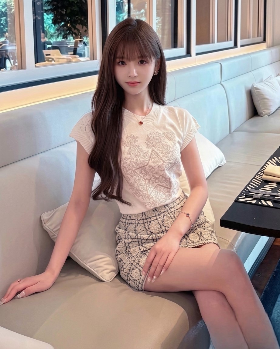 Combo áo thun trắng họa tiết váy ngắn ôm kem sọc Dior 5