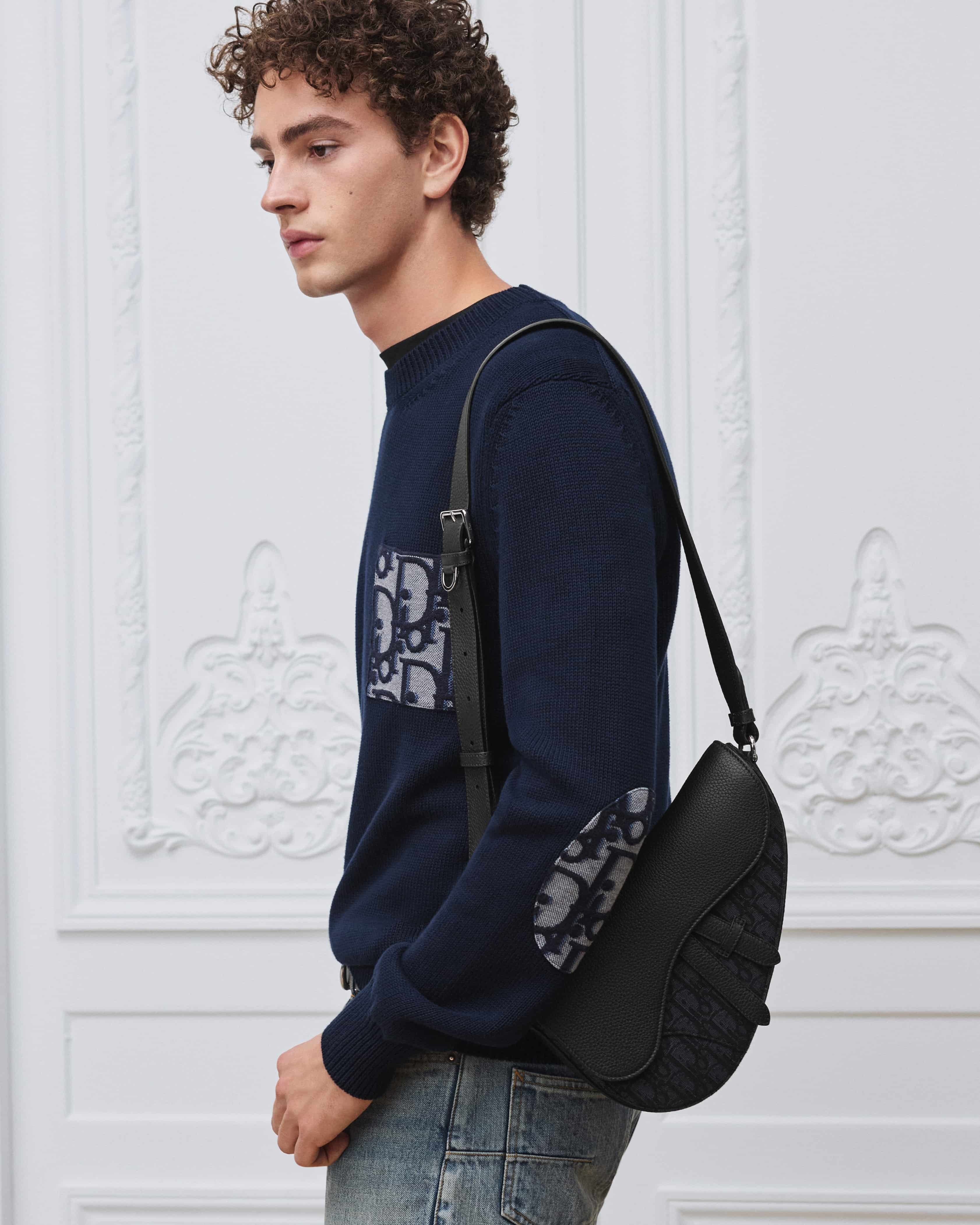 Túi đeo chéo Dior Saddle Bag Black Grained Taurillon Leather and Black Dior Oblique Jacquard 3