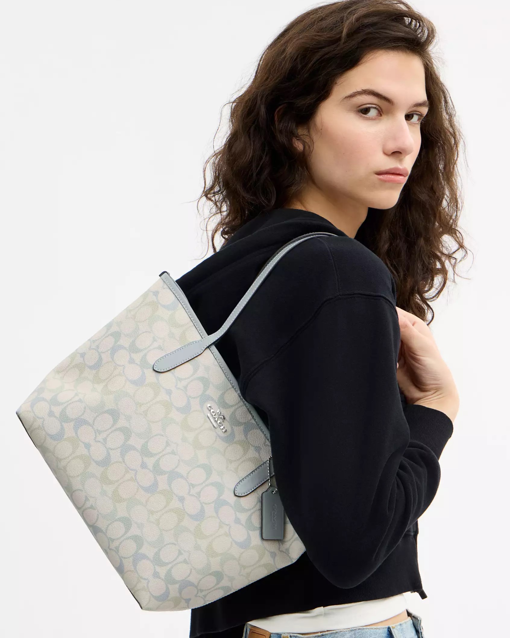 Túi xách Coach Medium City Tote Bag Pretty Signature Canvas Choke Blue CDZ09 8