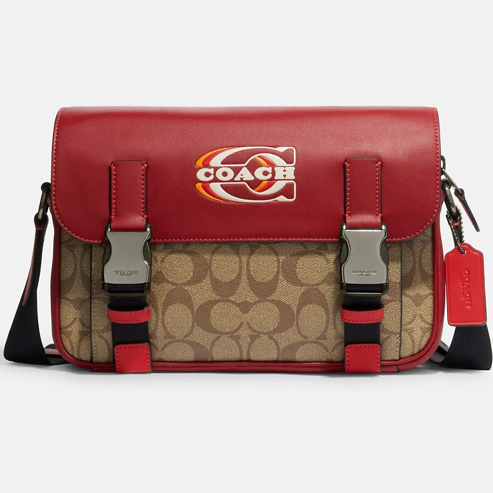TÚI DÁNG CẶP COACH TRACK CROSSBODY IN RED KHAKI MULTI COLORBLOCK SIGNATURE CANVAS WITH COACH STAMP 1
