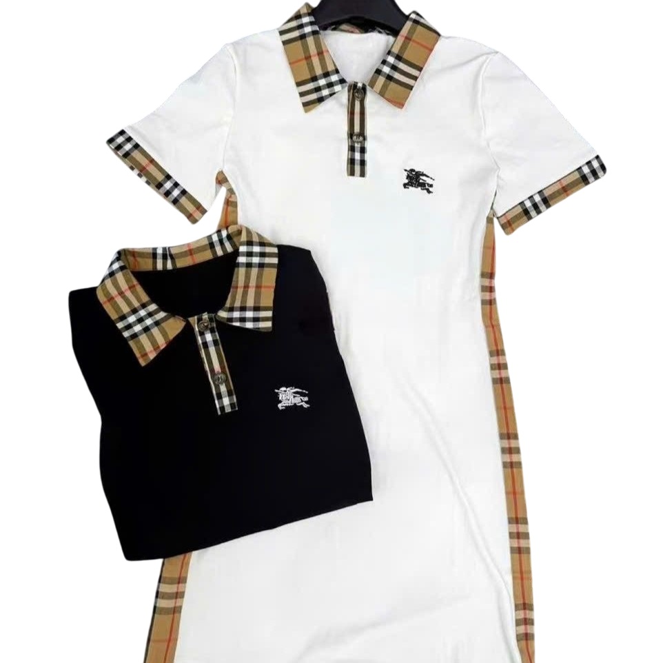 Đầm suông nữ thun tay ngắn cổ polo phối họa tiết hãng Burberry 1