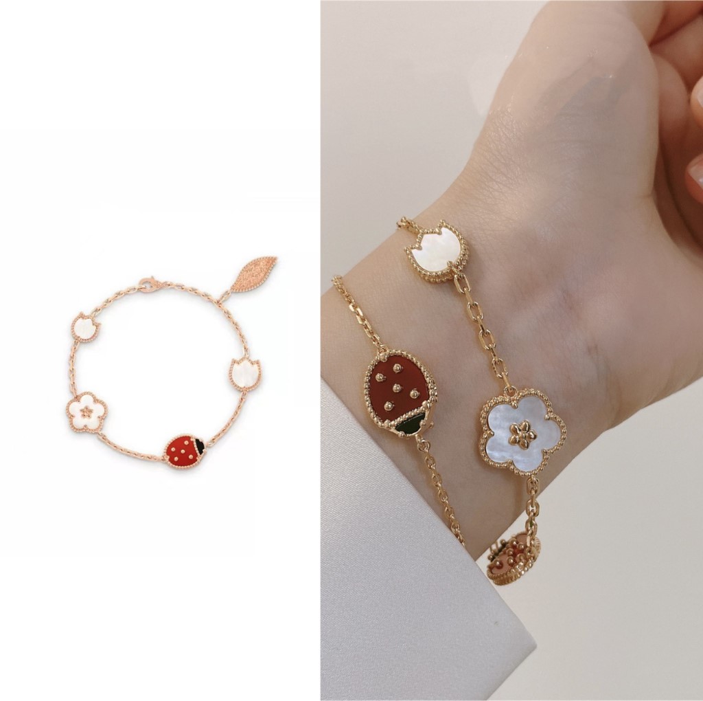 Vòng tay bọ rùa hoa lá Van Cleef & Arpels Lucky Spring Bracelet 5 Motifs White Mother Of Pearl Carnelian VCARP7RR00 3