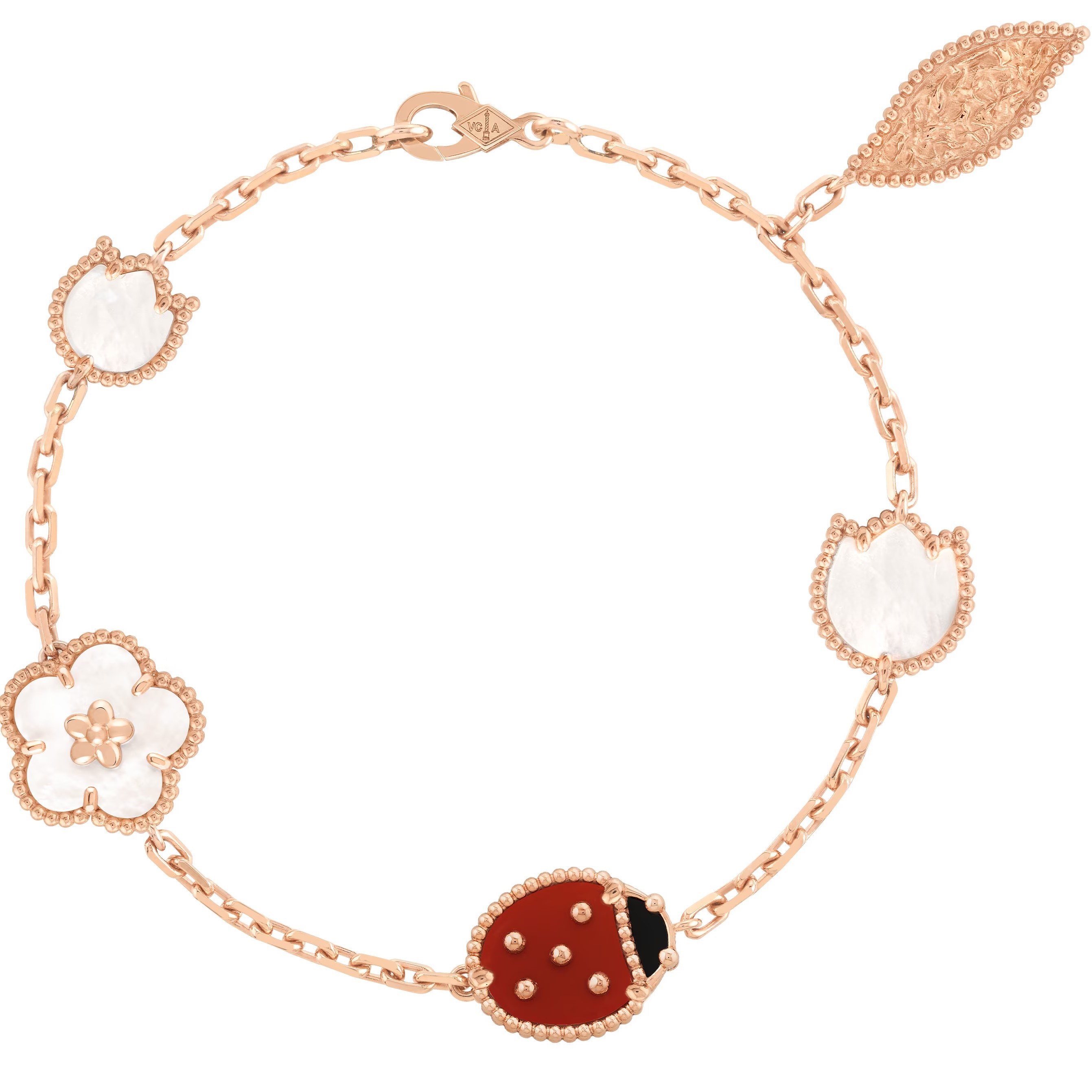 Vòng tay bọ rùa hoa lá Van Cleef & Arpels Lucky Spring Bracelet 5 Motifs White Mother Of Pearl Carnelian VCARP7RR00 5