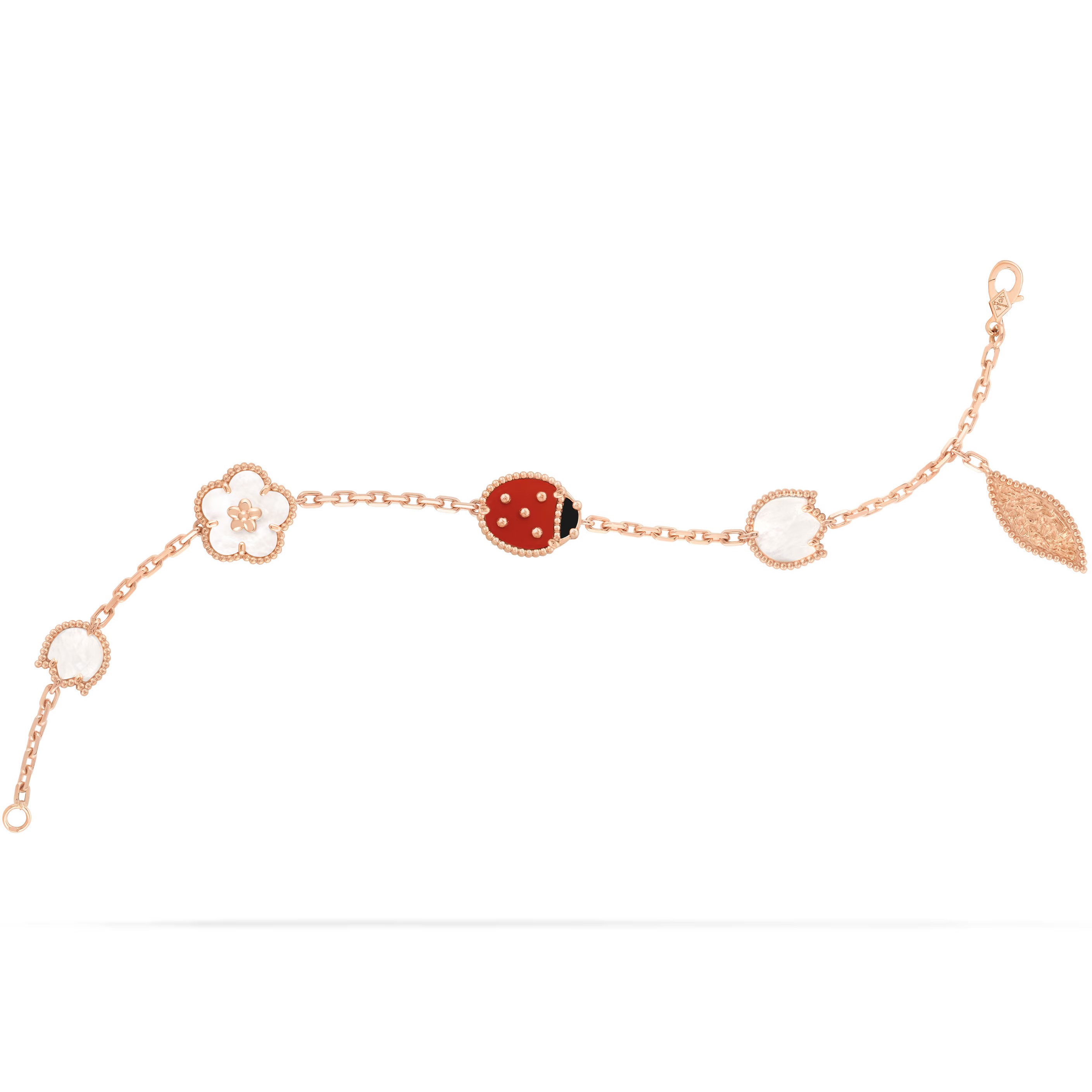 Vòng tay bọ rùa hoa lá Van Cleef & Arpels Lucky Spring Bracelet 5 Motifs White Mother Of Pearl Carnelian VCARP7RR00 9