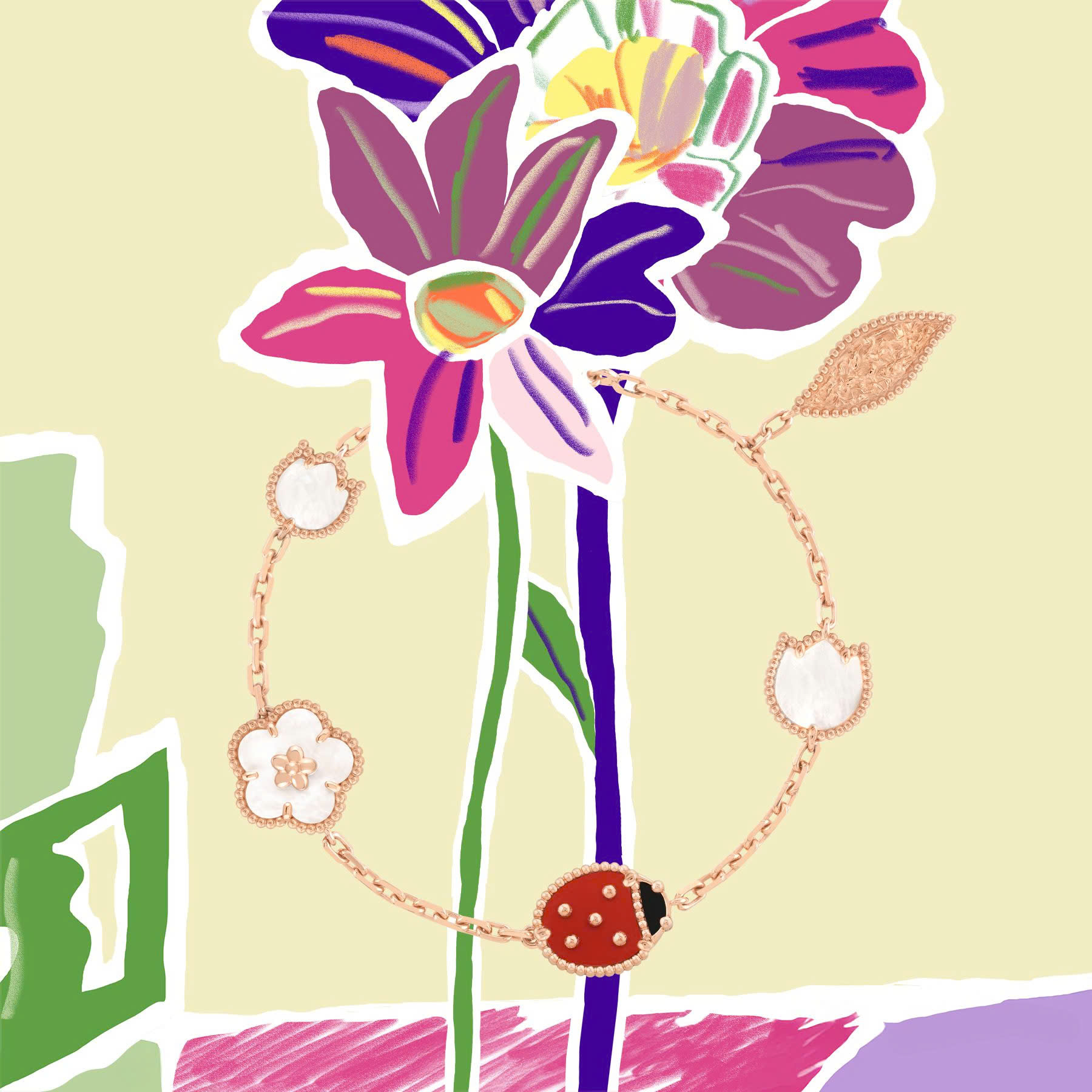 Vòng tay bọ rùa hoa lá Van Cleef & Arpels Lucky Spring Bracelet 5 Motifs White Mother Of Pearl Carnelian VCARP7RR00 10