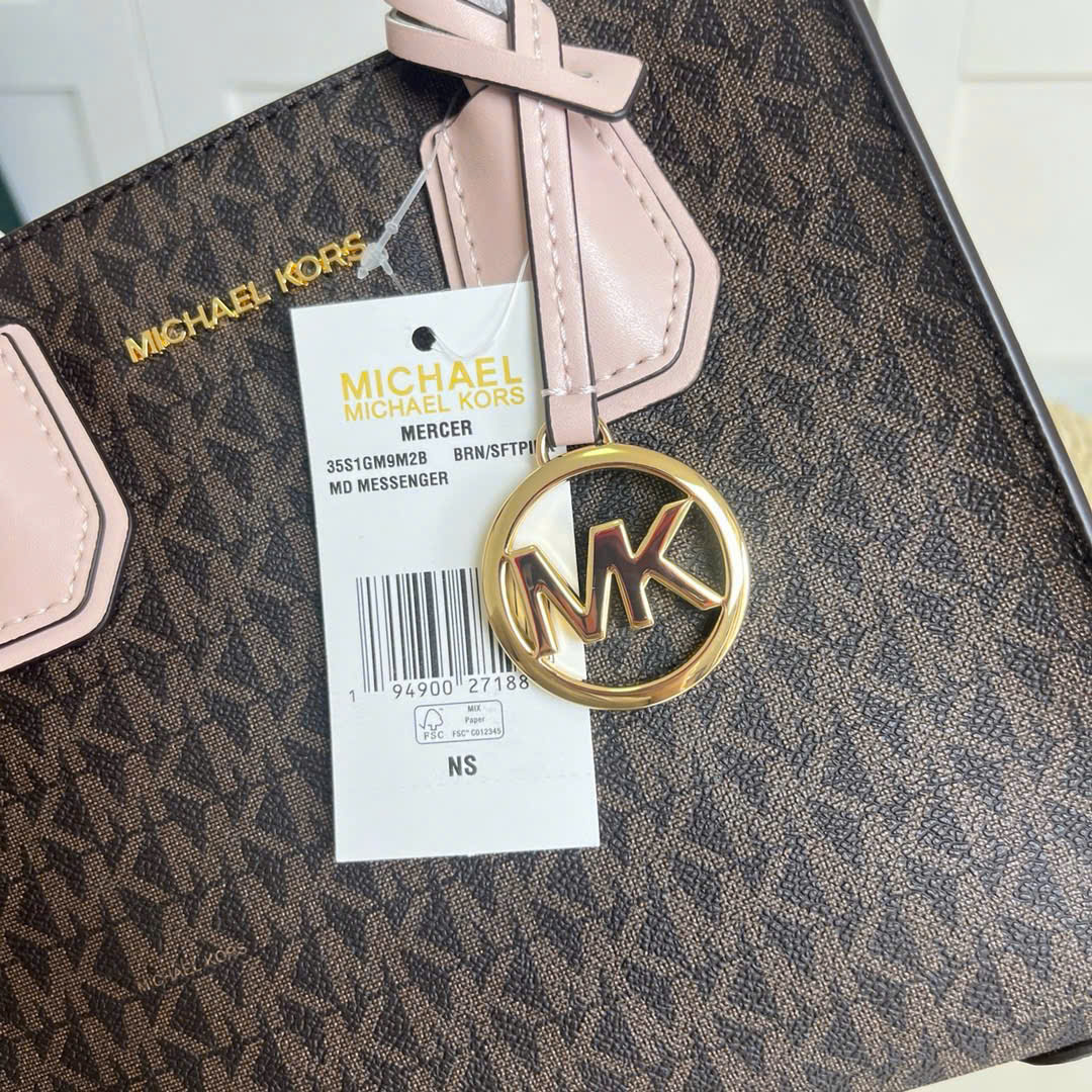 Túi xách MK Michael Kors Mercer Medium Monogram Tote Dark Brown Nude Pink 2